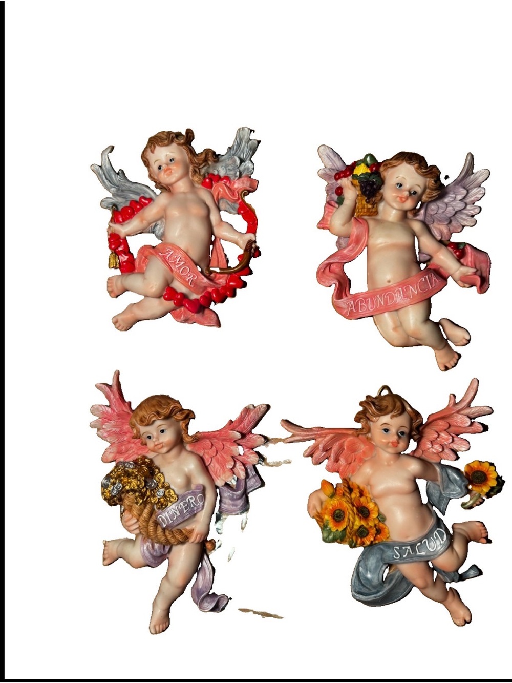 Set of 4 Cherub Wall Plaques - Pink & Peach Wings 5”